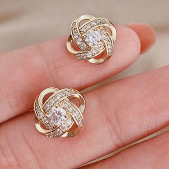 NEW Sparkling Gold Knotted Stud Earrings with Rhinestones - Picture 3 of 4